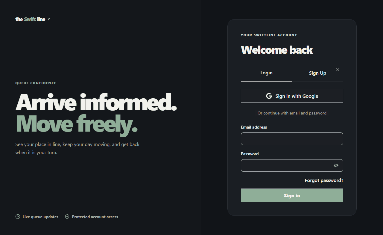 theSwiftLine split-panel sign-in screen with Google and password authentication