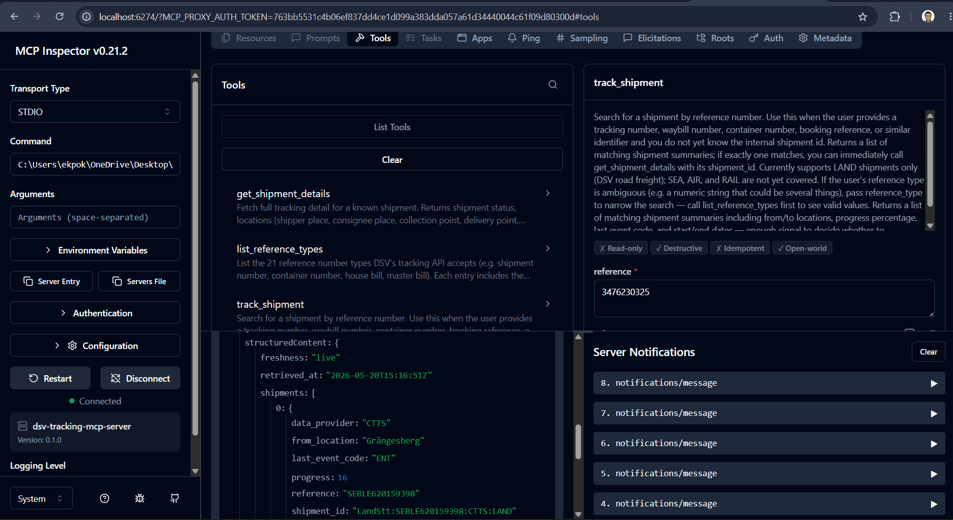 MCP Inspector showing the DSV server's three tools and a live structured shipment search result