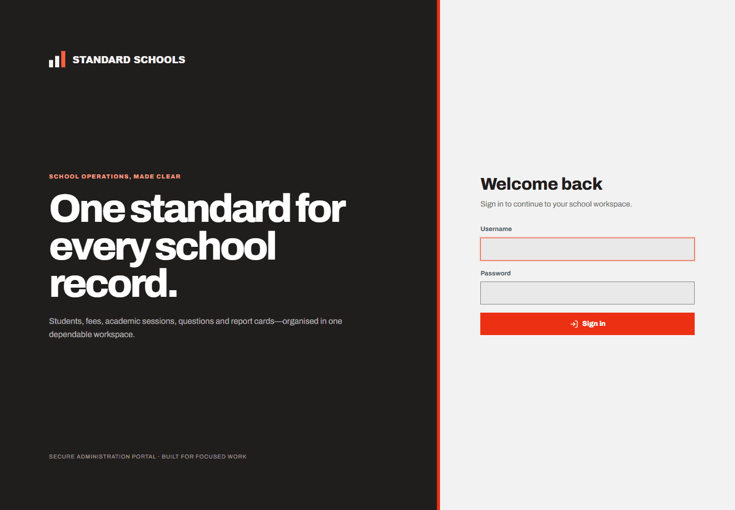 Standard Schools sign-in page with the new split-panel visual identity